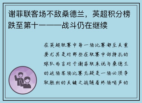 谢菲联客场不敌桑德兰，英超积分榜跌至第十一——战斗仍在继续