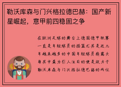勒沃库森与门兴格拉德巴赫：国产新星崛起，意甲前四稳固之争